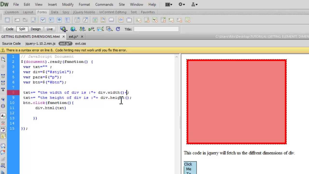 JQuery Tutorial in "hindi / english": Getting an html elements dimension